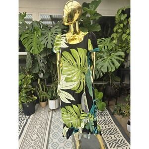 Vintage Hilo Hattie Hawaiian Dress L Green Monstera Leaf Print Made in Hawaii